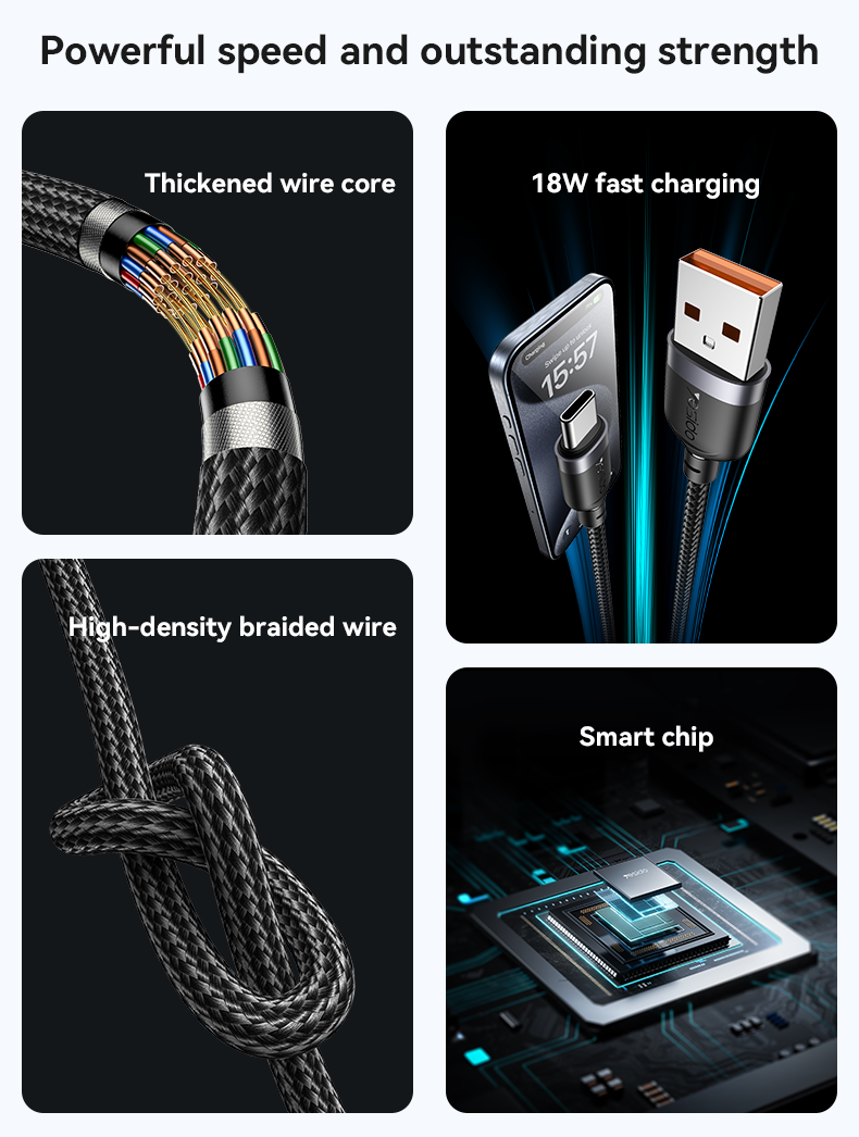 كابل يسيدو Yesido CA134C بطول 3 متر (USB-A إلى Type-C) بقوة 18 واط - تصميم مضفر مصفح وهيكل من الألومنيوم