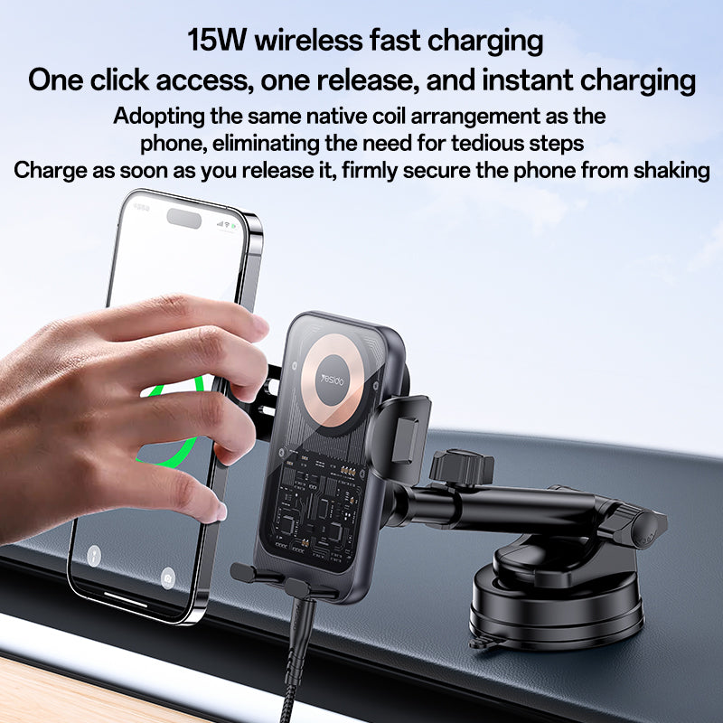 Yesido C307 15W Car Wireless Charger - Transparent Design & Smart Electric Lock