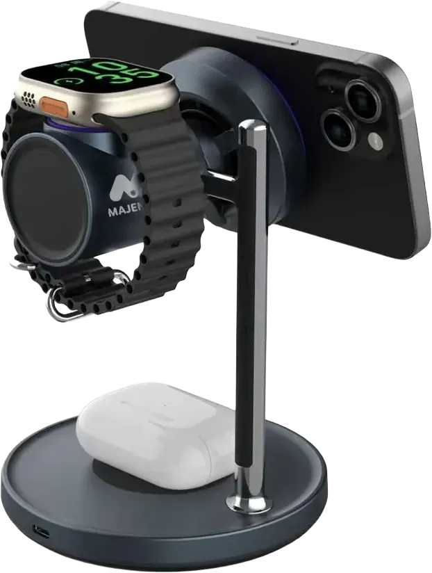 Majentik MW-23 25W 3-in-1 Wireless Charger Station – Fast Charging Dock for Smartphone, Watch & Earbuds (Black)