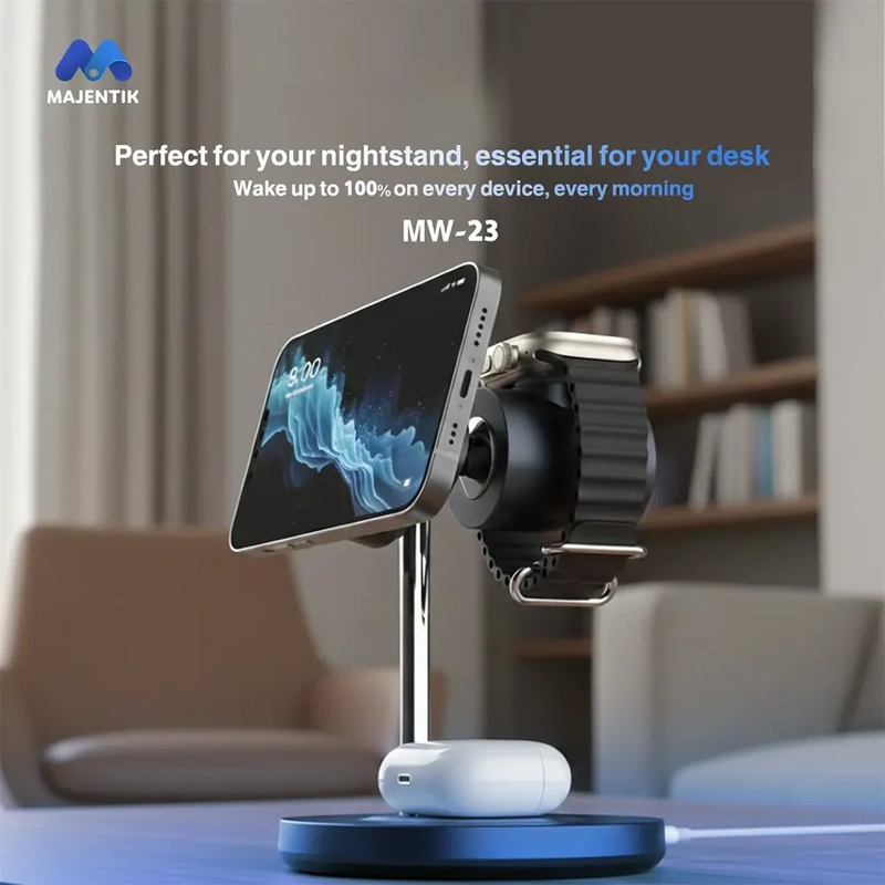 Majentik MW-23 25W 3-in-1 Wireless Charger Station – Fast Charging Dock for Smartphone, Watch & Earbuds (Black)