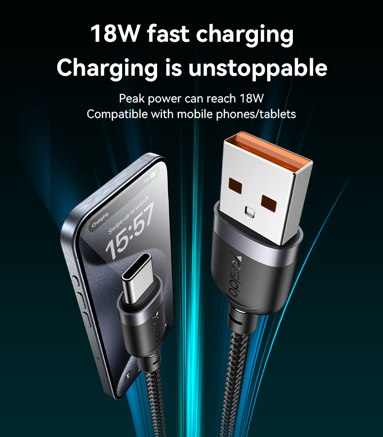 كابل يسيدو Yesido CA134C بطول 3 متر (USB-A إلى Type-C) بقوة 18 واط - تصميم مضفر مصفح وهيكل من الألومنيوم