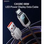 Yesido CA128C 66W Super Fast USB-A to USB-C Cable with LED Digital Display – 1.2m Braided Zinc Alloy Connectors (3A)