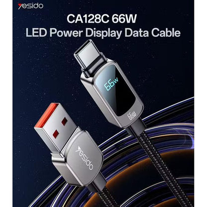 كابل يسيدو Yesido CA128C بطول 1.2 متر (USB-A إلى Type-C) بقوة 66 واط - مزود بشاشة عرض رقمية أفقية وهيكل من سبيكة الزنك