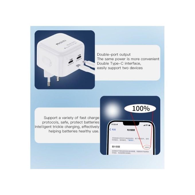 Yesido YC38 35W Super GaN Fast Wall Charger – Dual Type-C PD Ports with PPS Support