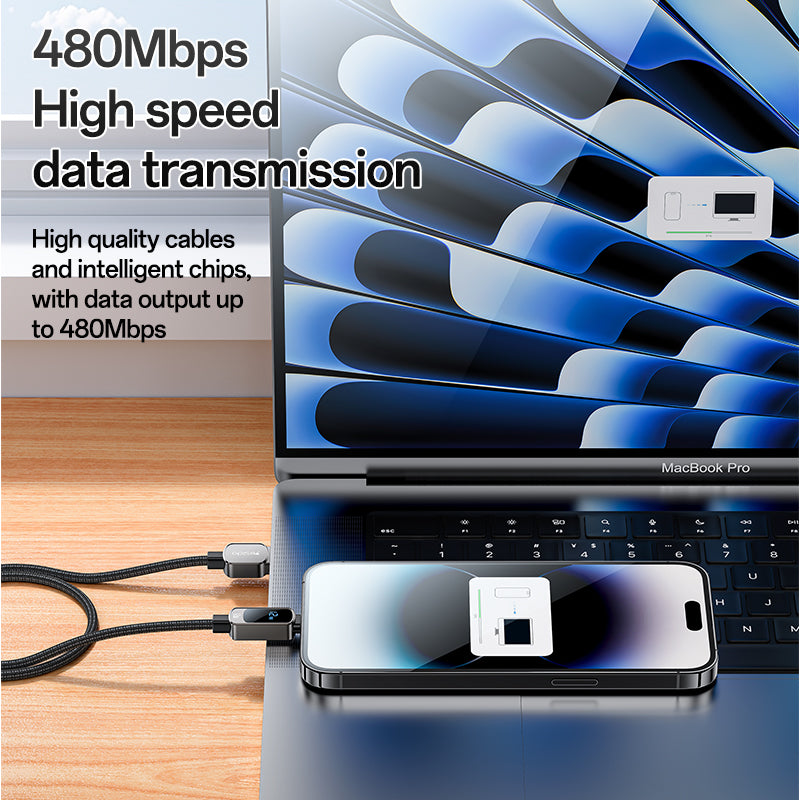 كابل يسيدو Yesido CA128L بطول 1.2 متر (USB-A إلى Lightning) بقوة 12 واط - مزود بشاشة عرض رقمية أفقية وهيكل من سبيكة الزنك
