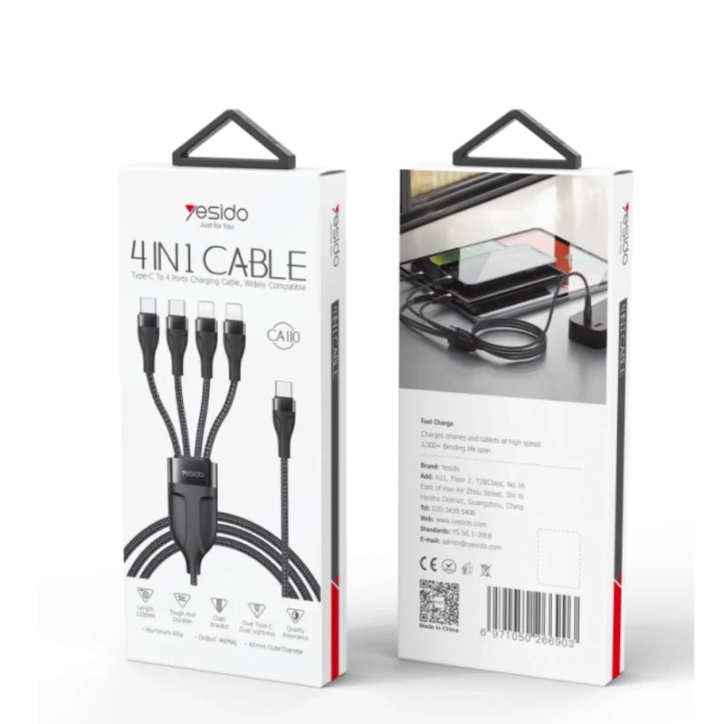 Yesido CA110 4-in-1 Type-C Multi-Charging Cable – 1.2m Heavy-Duty Braided Cable with Dual Type-C & Dual Lightning Ports (20W Max)