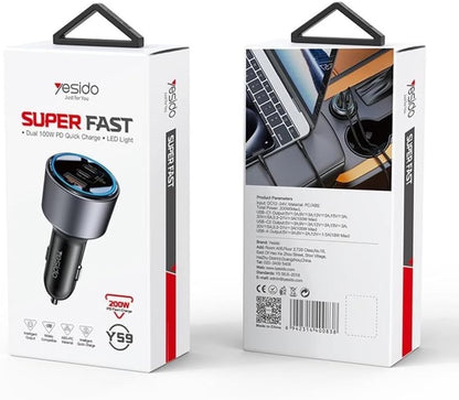Yesido Y59 200W Super Fast Car Charger – Triple Port (Dual Type-C 100W + USB-A 18W)