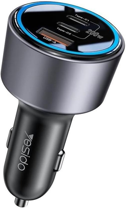 Yesido Y59 200W Super Fast Car Charger – Triple Port (Dual Type-C 100W + USB-A 18W)