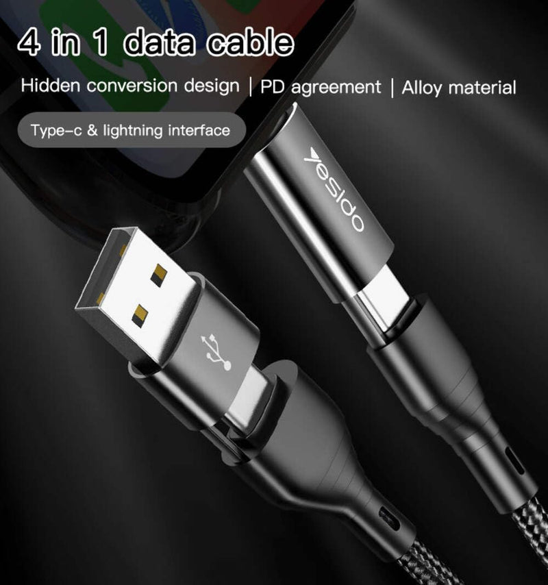 Yesido CA59 4-in-1 Multi-Connector Fast Charging Cable – 1.2m Heavy-Duty Cotton Braided Armor with Metal Shells (60W Power Delivery)