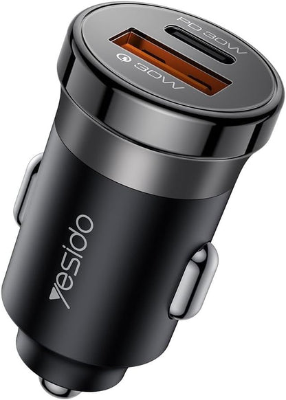 طقم شحن السيارة Yesido Y72 بقوة 30 واط - منفذين (USB + Type-C) مع كابل Type-C to Type-C سريع