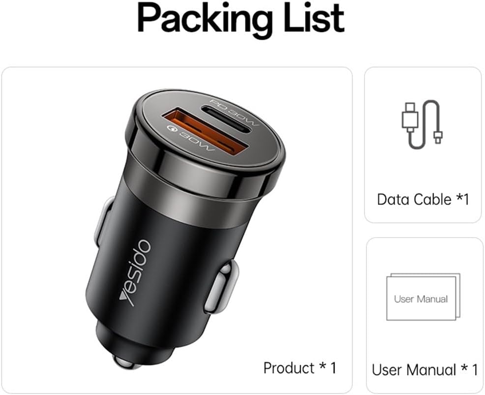 طقم شحن السيارة Yesido Y73 بقوة 30 واط - منفذين (USB + Type-C) مع كابل Type-C to Lightning
