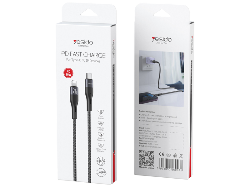 Yesido CA155 20W USB-C to Lightning Cotton Braided Fast Charging Cable – 1m Aluminum Alloy Connectors