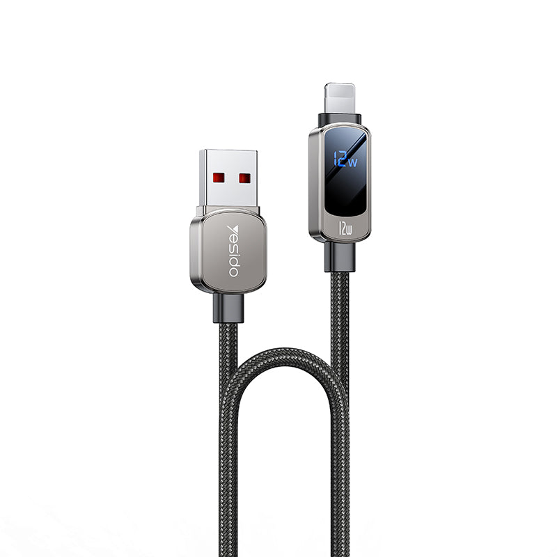 كابل يسيدو Yesido CA128L بطول 1.2 متر (USB-A إلى Lightning) بقوة 12 واط - مزود بشاشة عرض رقمية أفقية وهيكل من سبيكة الزنك