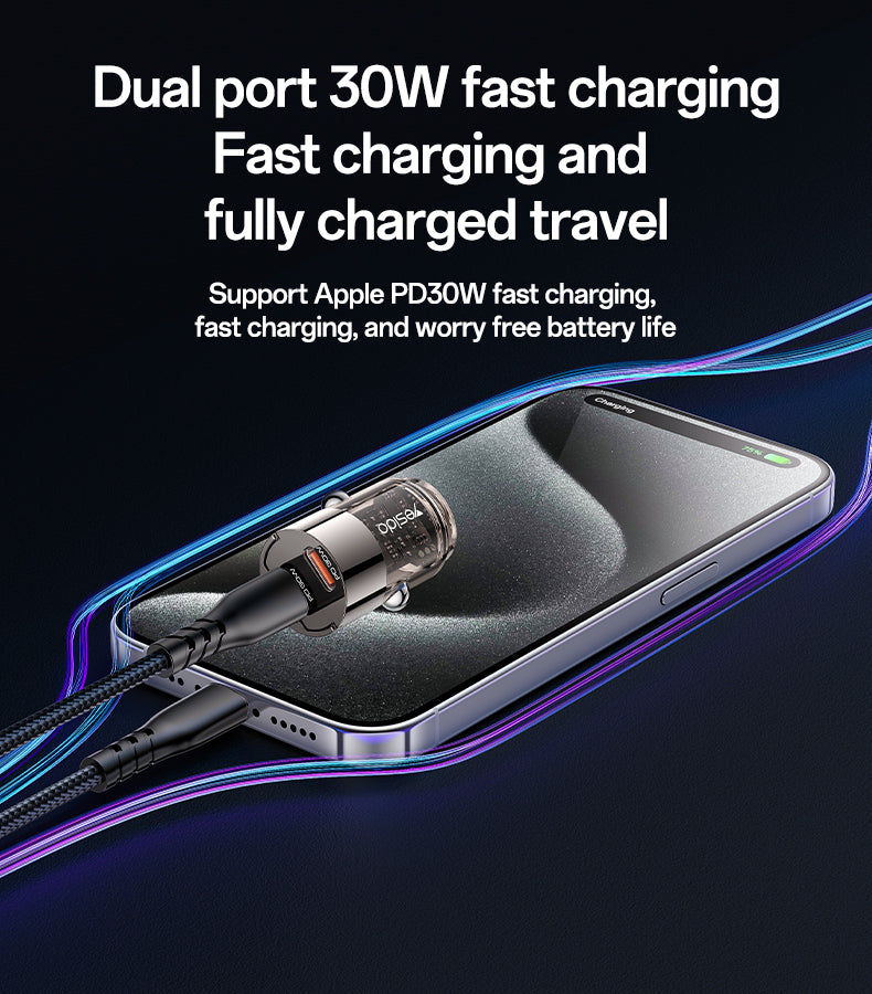 Yesido Y69 Mini Hidden Car Charger 30W – Transparent Zinc Alloy Design with Dual Type-C PD Ports