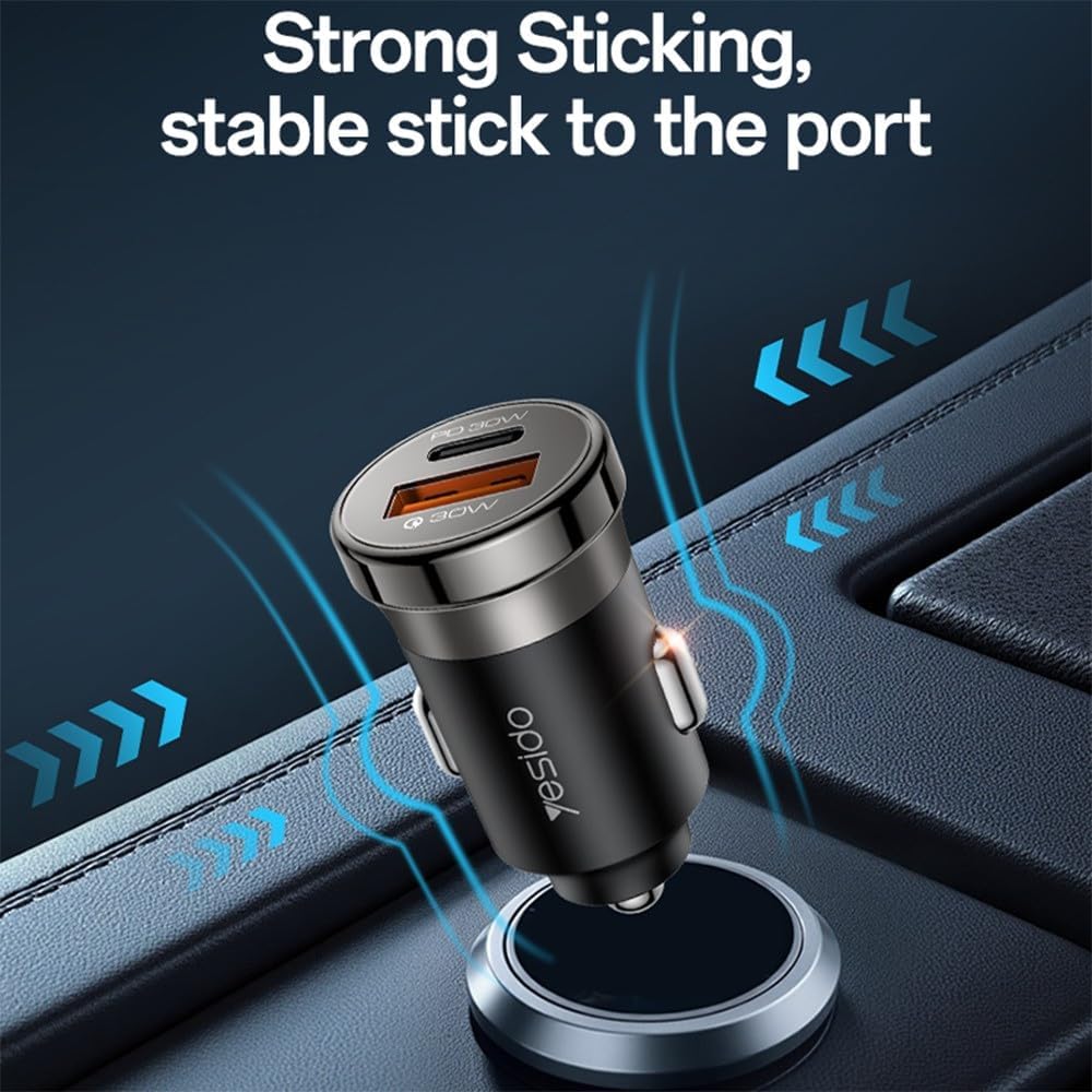 طقم شحن السيارة Yesido Y72 بقوة 30 واط - منفذين (USB + Type-C) مع كابل Type-C to Type-C سريع
