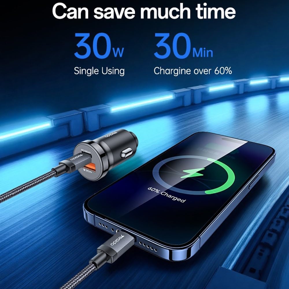 طقم شحن السيارة Yesido Y73 بقوة 30 واط - منفذين (USB + Type-C) مع كابل Type-C to Lightning