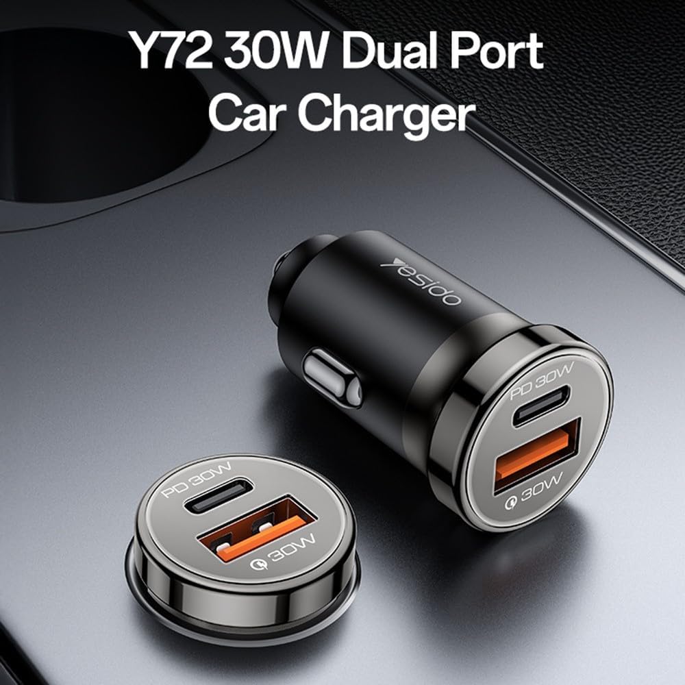 طقم شحن السيارة Yesido Y72 بقوة 30 واط - منفذين (USB + Type-C) مع كابل Type-C to Type-C سريع
