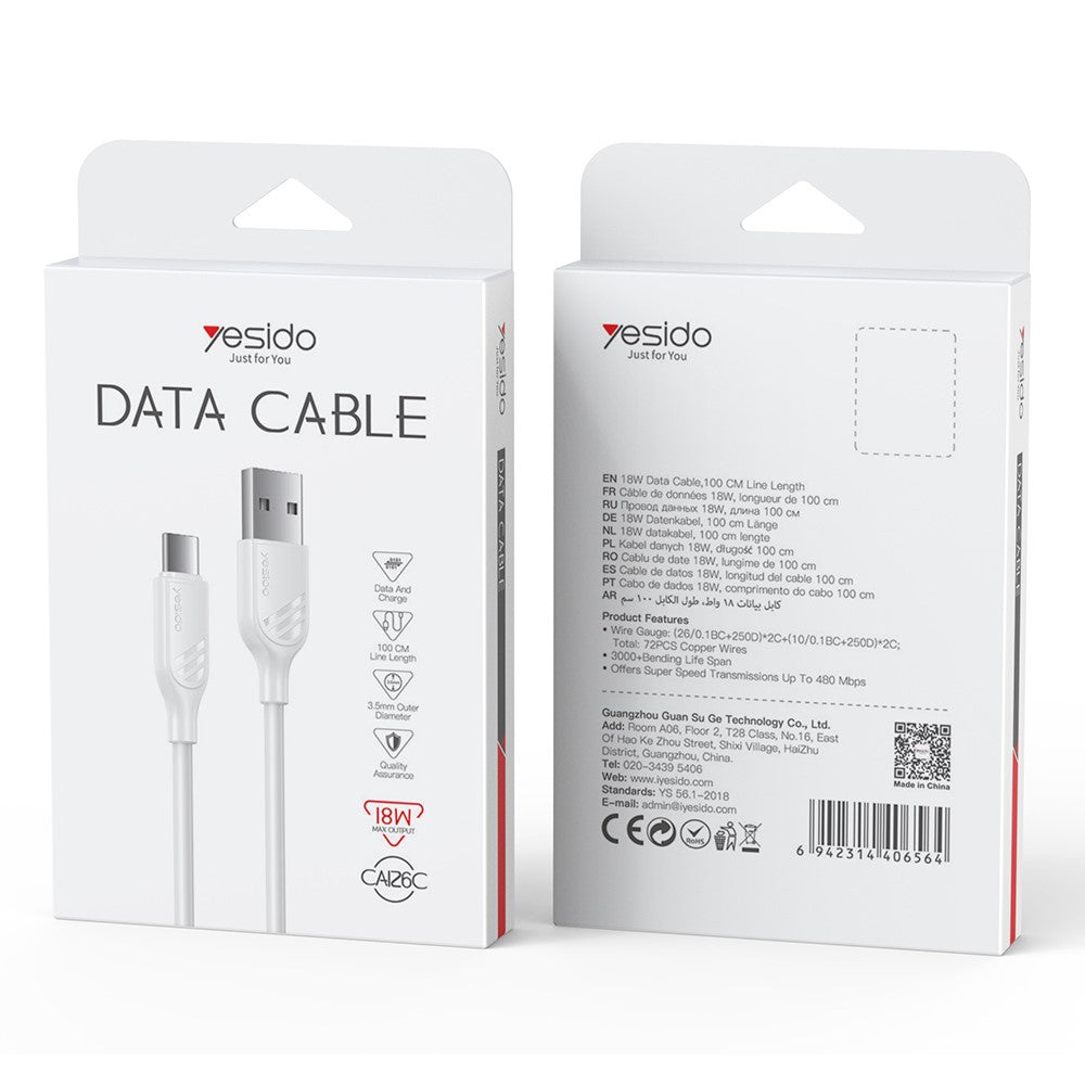 كابل يسيدو Yesido CA126C باللون الأبيض بطول 1 متر (USB-A إلى Type-C) بقوة 18 واط - شحن سريع ومقاوم للانحناء