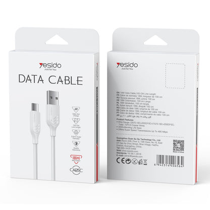 كابل يسيدو Yesido CA126C باللون الأبيض بطول 1 متر (USB-A إلى Type-C) بقوة 18 واط - شحن سريع ومقاوم للانحناء