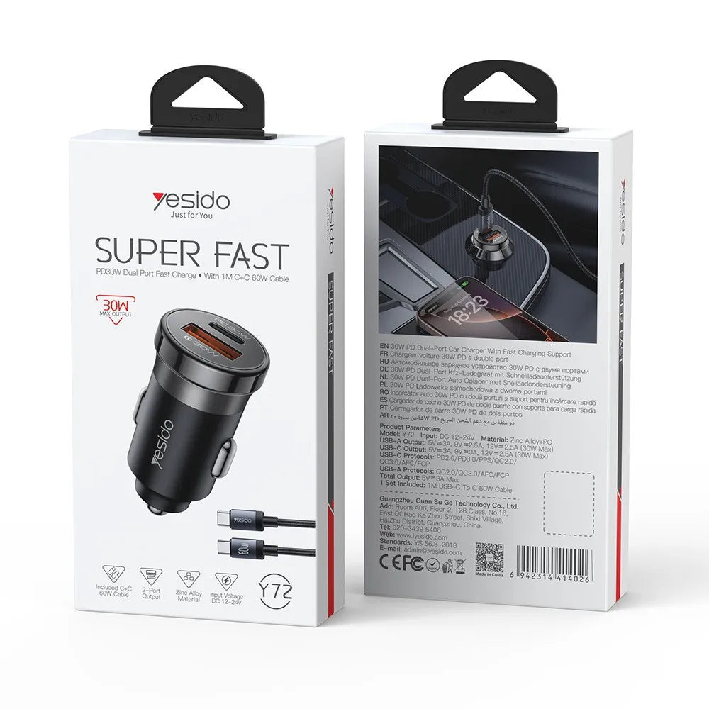 طقم شحن السيارة Yesido Y72 بقوة 30 واط - منفذين (USB + Type-C) مع كابل Type-C to Type-C سريع