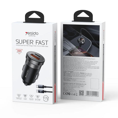 طقم شحن السيارة Yesido Y72 بقوة 30 واط - منفذين (USB + Type-C) مع كابل Type-C to Type-C سريع