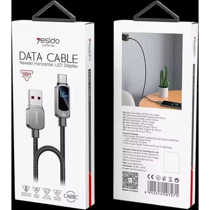 كابل يسيدو Yesido CA128C بطول 1.2 متر (USB-A إلى Type-C) بقوة 66 واط - مزود بشاشة عرض رقمية أفقية وهيكل من سبيكة الزنك