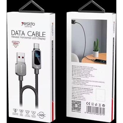 كابل يسيدو Yesido CA128C بطول 1.2 متر (USB-A إلى Type-C) بقوة 66 واط - مزود بشاشة عرض رقمية أفقية وهيكل من سبيكة الزنك