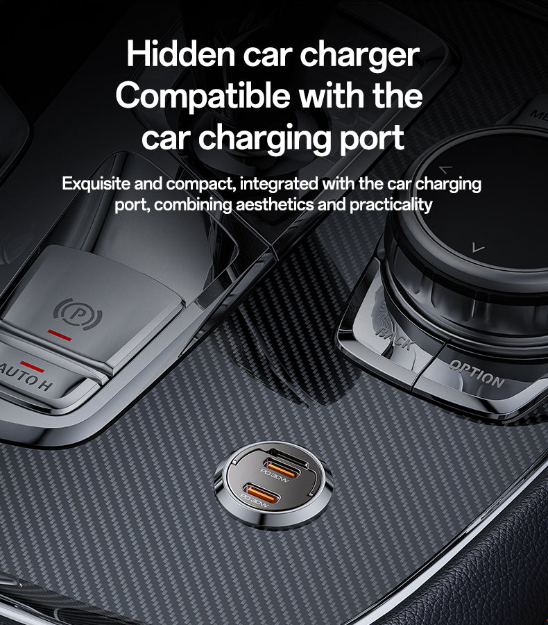 Yesido Y69 Mini Hidden Car Charger 30W – Transparent Zinc Alloy Design with Dual Type-C PD Ports
