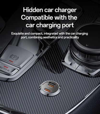 Yesido Y69 Mini Hidden Car Charger 30W – Transparent Zinc Alloy Design with Dual Type-C PD Ports