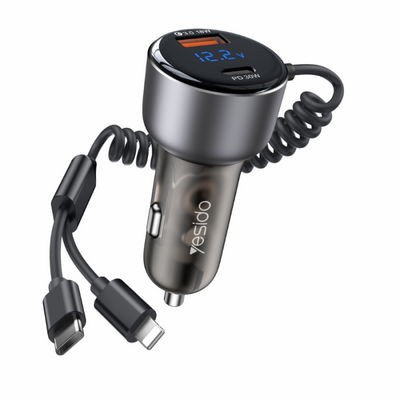 Yesido Y58 60W Fast Car Charger – Built-in Type-C & Lightning Spring Cables with Dual Charging Ports