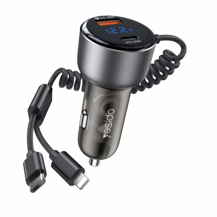 Yesido Y58 60W Fast Car Charger – Built-in Type-C & Lightning Spring Cables with Dual Charging Ports