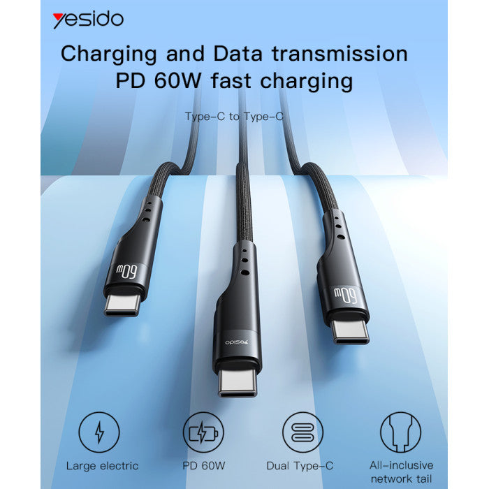 Yesido CA116 60W PD Fast USB-C to USB-C Cable – 3m Ultra-Long Braided Nylon & Aluminum Alloy Connectors (Black)