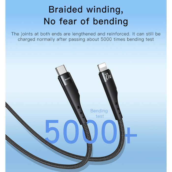 Yesido CA115 27W PD Fast USB-C to Lightning Cable – 3m Ultra-Long Braided Nylon & Aluminum Alloy Connectors (Black)