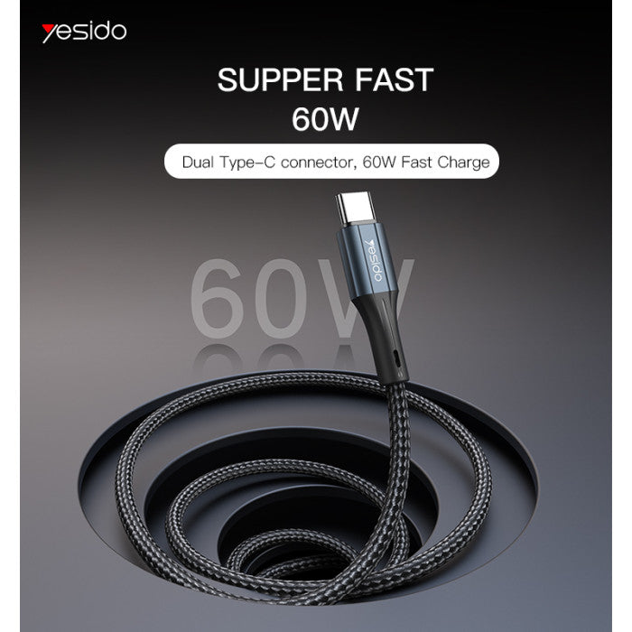 Yesido CA96 60W Type-C to Type-C PD Fast Charging Data Cable – 1.2m Heavy-Duty PP+PVC Braided Armor with Aluminum Alloy Shells (3A Max)