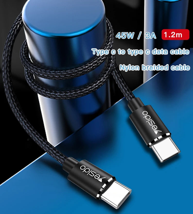 Yesido CA55 Type-C to Type-C Fast Charging Data Cable – 1.2m Heavy-Duty Cotton & Nylon Braided Armor with Metal Shells (45W / 3A Max)