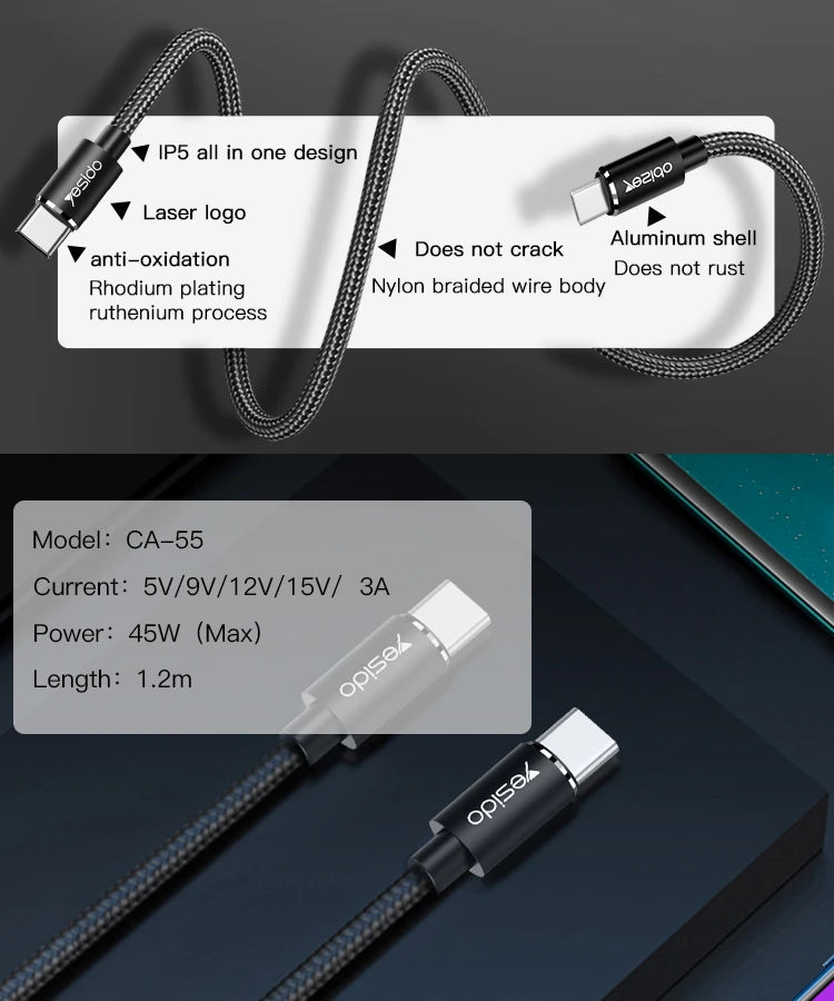 Yesido CA55 Type-C to Type-C Fast Charging Data Cable – 1.2m Heavy-Duty Cotton & Nylon Braided Armor with Metal Shells (45W / 3A Max)