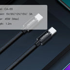 Yesido CA55 Type-C to Type-C Fast Charging Data Cable – 1.2m Heavy-Duty Cotton & Nylon Braided Armor with Metal Shells (45W / 3A Max)