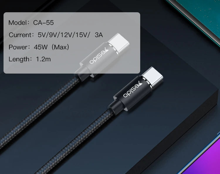 Yesido CA55 Type-C to Type-C Fast Charging Data Cable – 1.2m Heavy-Duty Cotton & Nylon Braided Armor with Metal Shells (45W / 3A Max)
