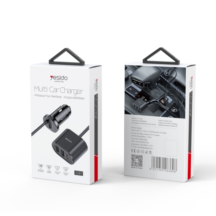Yesido Y41 Multi-Port Car Charger – 4 Interfaces with Type-C PD & Smart USB Ports