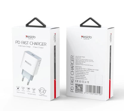 شاحن Yesido YC-27 السريع بقوة 18 واط - منفذ Type-C بتقنية Power Delivery (PD)