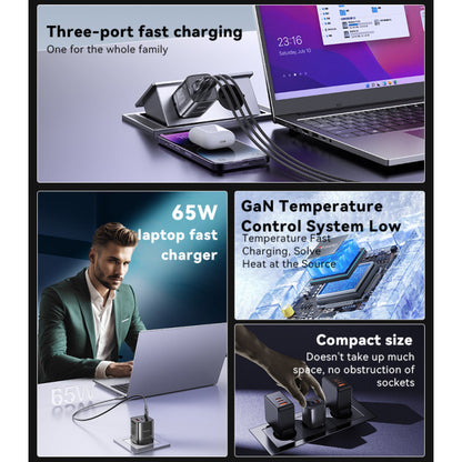 شاحن Yesido YC65 الذكي بقوة 65 واط - تقنية GaN المتطورة بـ 3 منافذ (2 Type-C + USB-A)