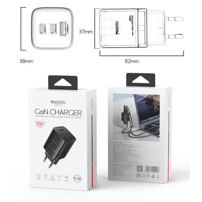 شاحن Yesido YC65 الذكي بقوة 65 واط - تقنية GaN المتطورة بـ 3 منافذ (2 Type-C + USB-A)