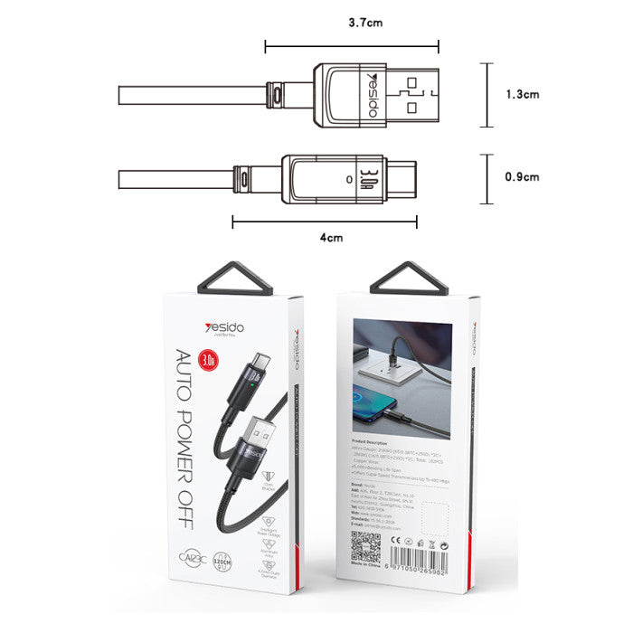 Yesido CA123 Smart Type-C to Lightning Data Cable – 1.2m Auto-Disconnect & Auto-Reconnect Armor Cable with LED Breathing Light (27W / 3A Max)