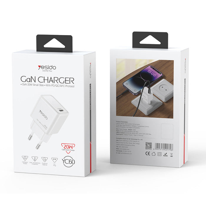 شاحن Yesido YC60 الذكي بقوة 20 واط - تقنية GaN المتقدمة بمنفذ Type-C PD شحن سريع