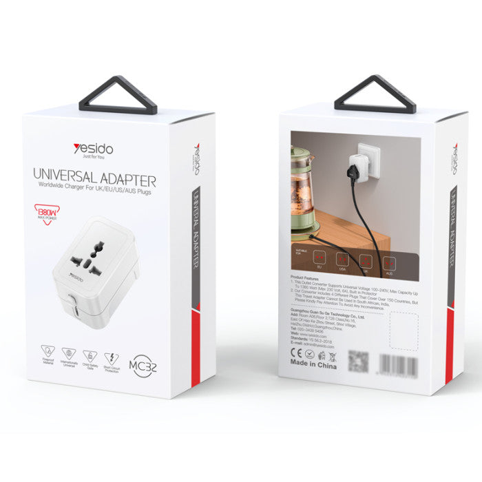 Yesido MC32 Universal Travel Adapter 1380W - Supports US, UK, EU, AU Global Standard Plugs