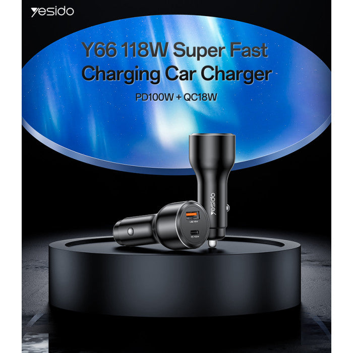 Y65 118W Super Fast Charging Aluminum Alloy QC18W+PD100W USB & Type-C Dual Ports Car Charger