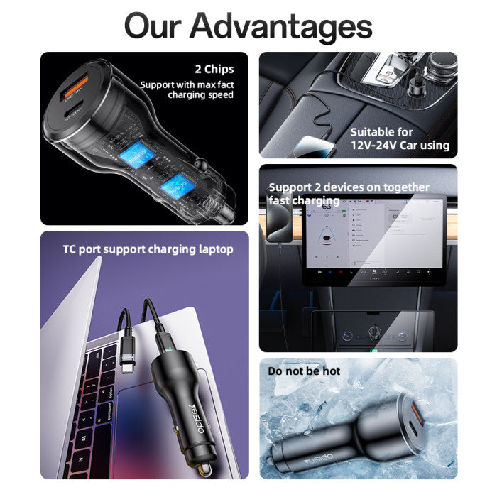 Y65 118W Super Fast Charging Aluminum Alloy QC18W+PD100W USB & Type-C Dual Ports Car Charger