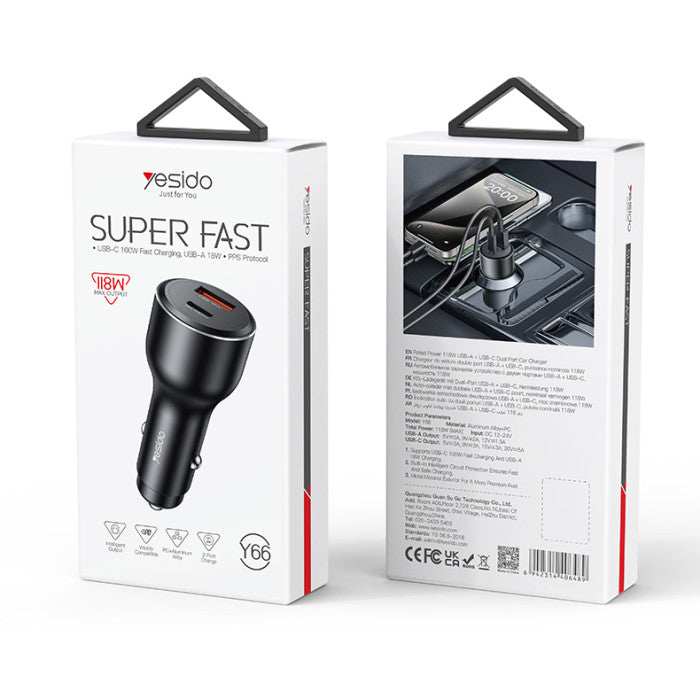 Y65 118W Super Fast Charging Aluminum Alloy QC18W+PD100W USB & Type-C Dual Ports Car Charger
