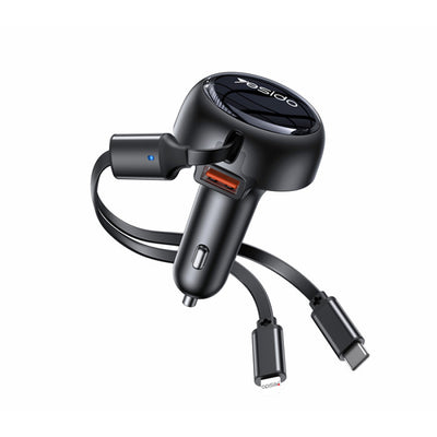 Yesido Y61 53W 3-in-1 Car Charger – Dual Retractable Cables (Type-C + Lightning) & USB Port