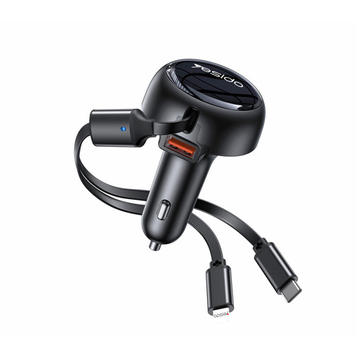 Yesido Y61 53W 3-in-1 Car Charger – Dual Retractable Cables (Type-C + Lightning) & USB Port